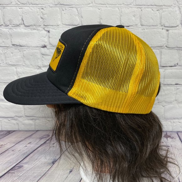 Vintage Trucker Hat Mesh Cap Snapback Black Yellow G&M Excavating Patch Logo 80s - Picture 2 of 8